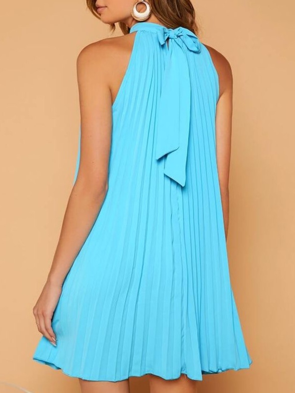 Blue Flowy Pleated Halter Neck Dress